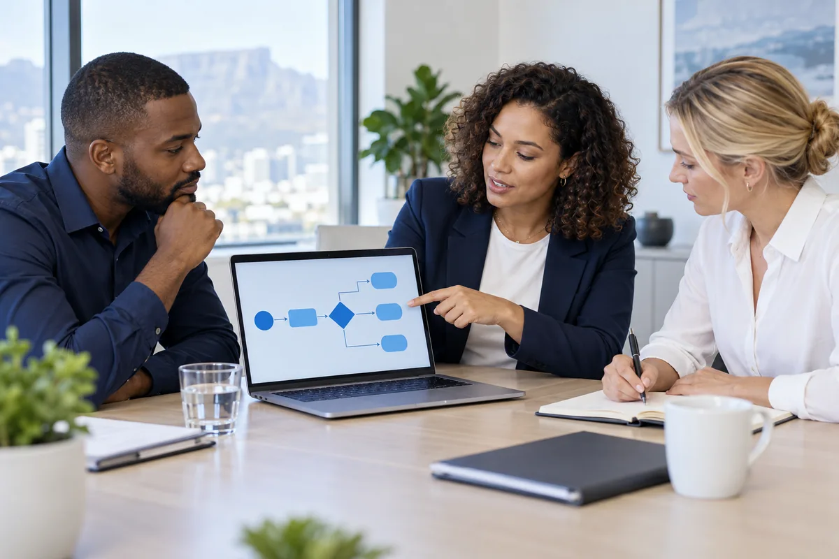 A business trainer helping two colleagues understand a workflow on a laptop.