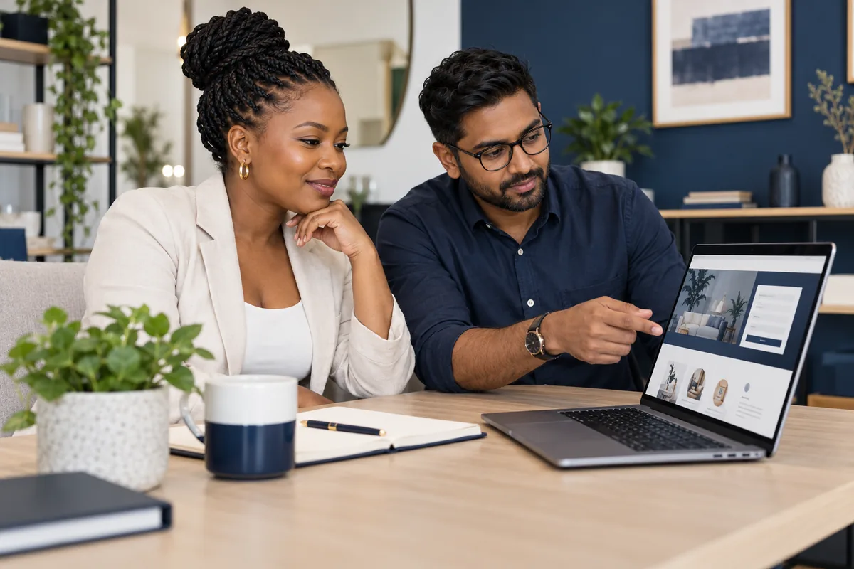 A small-business owner and a website specialist reviewing a business website on a laptop.