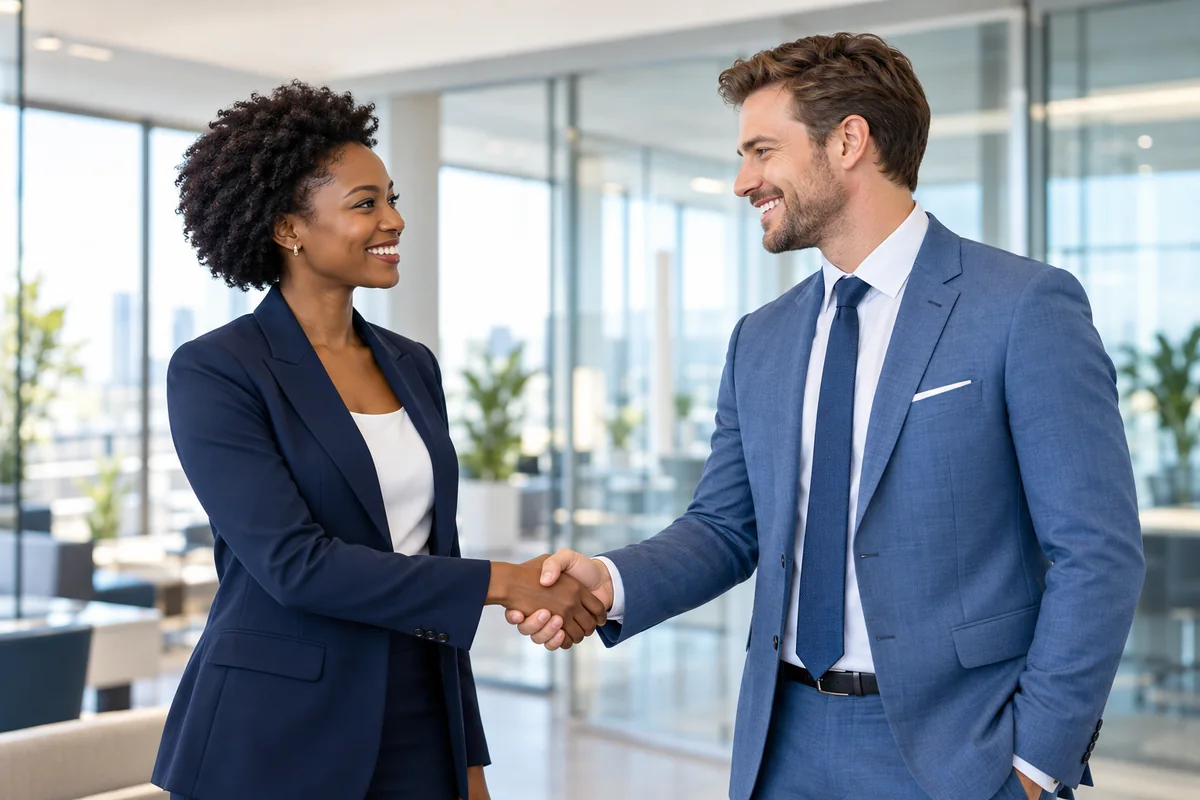 A smiling Black woman and white man in business attire shaking hands in a bright modern office.